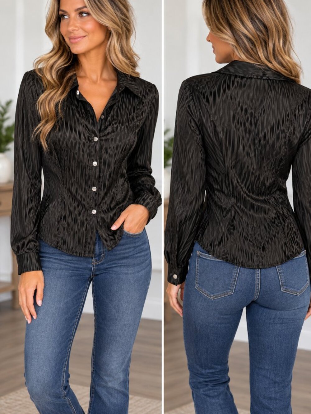 Black Satin Textured Button Down Blouse